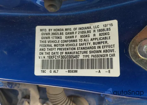 2016 Honda Civic Ex-T from USA, damaged, VIN 19XFC1F30GE005497